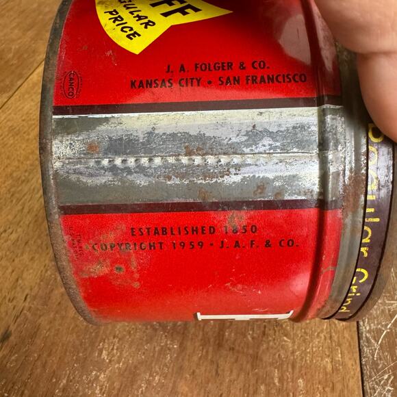 Vintage 1959 Folger's 4 Cents off Coffee Can Tin Metal Short Advertising Decor - Picture 2 of 10